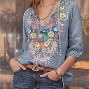Johnny Was Taifa Blouse Fog Grey S Embroidered